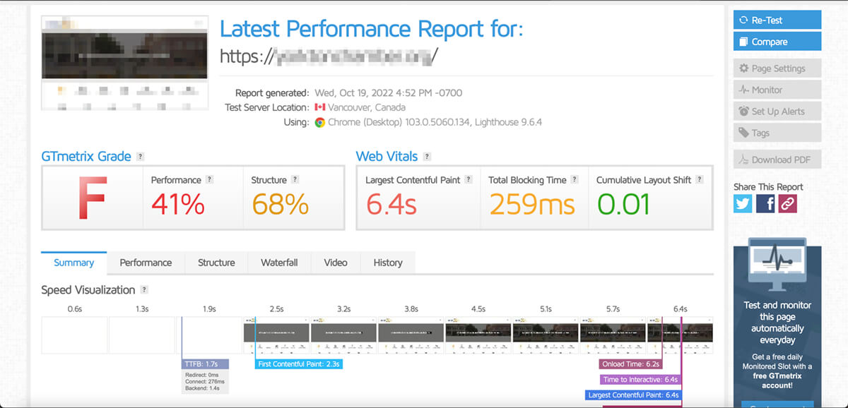 Failed GTMetrix speed test.